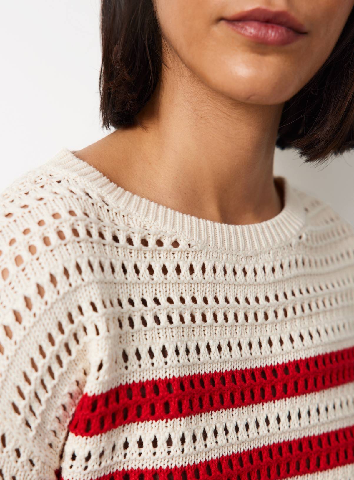 Red & White Stripe Airtex Cotton Crochet Knit Jumper L - Image 3